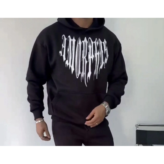 Uzun Kol Kapüşonlu Baskılı SweatShirt - Siyah -