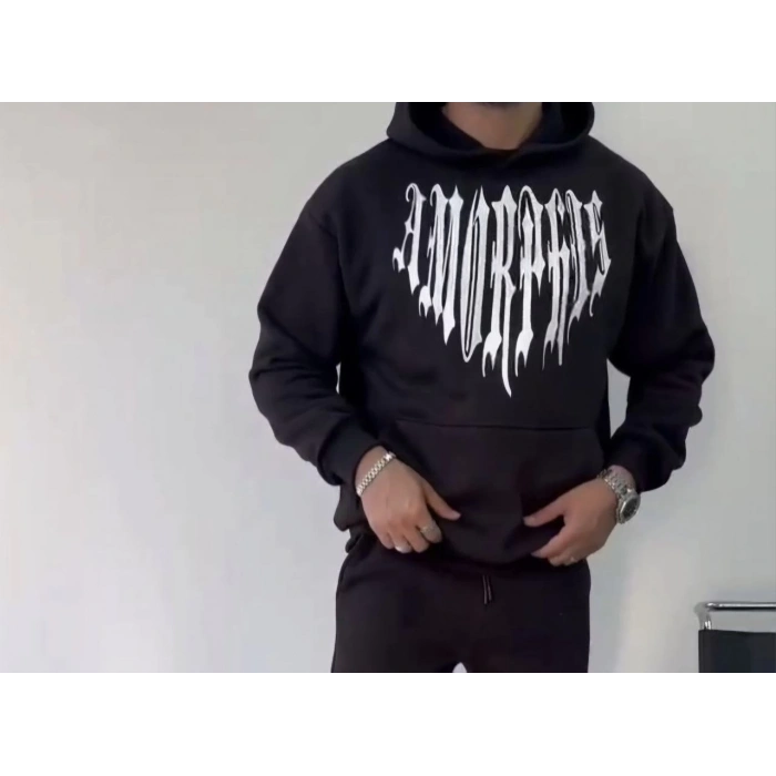 Uzun Kol Kapüşonlu Baskılı SweatShirt - Siyah -