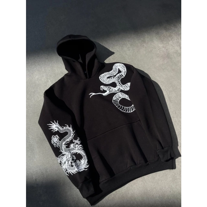 Uzun Kol Kapüşonlu Baskılı SweatShirt - Siyah -