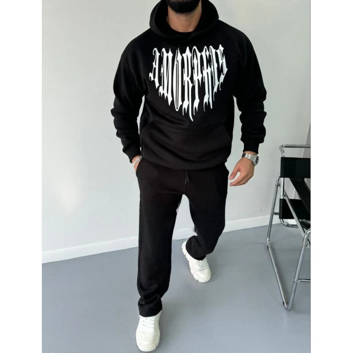 Uzun Kol Kapüşonlu Baskılı SweatShirt - Siyah -