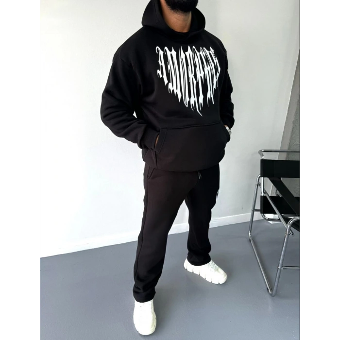 Uzun Kol Kapüşonlu Baskılı SweatShirt - Siyah -