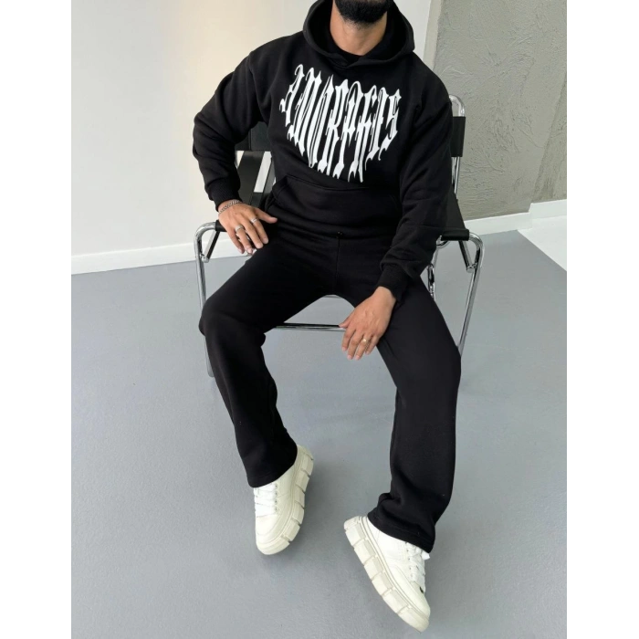 Uzun Kol Kapüşonlu Baskılı SweatShirt - Siyah -