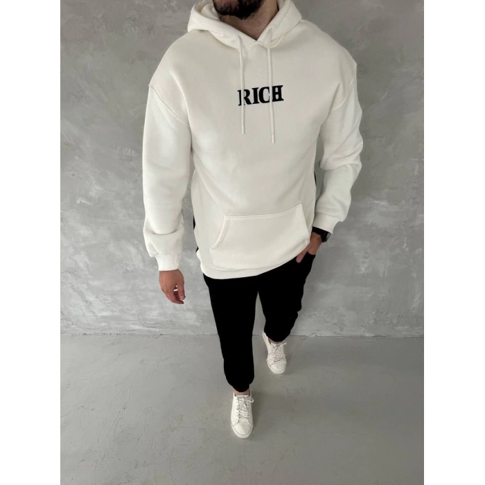 Uzun Kol Kapüşonlu Göğüs Baskılı SweatShirt - Beyaz -