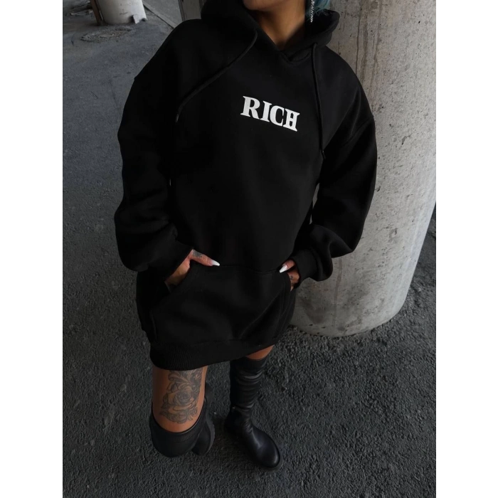 Uzun Kol Kapüşonlu Göğüs Baskılı SweatShirt - Siyah -