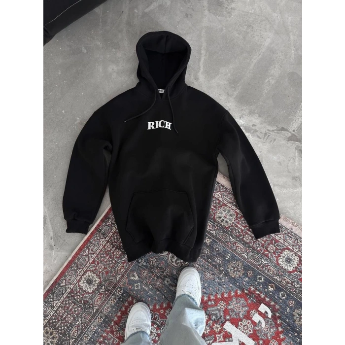 Uzun Kol Kapüşonlu Göğüs Baskılı SweatShirt - Siyah -