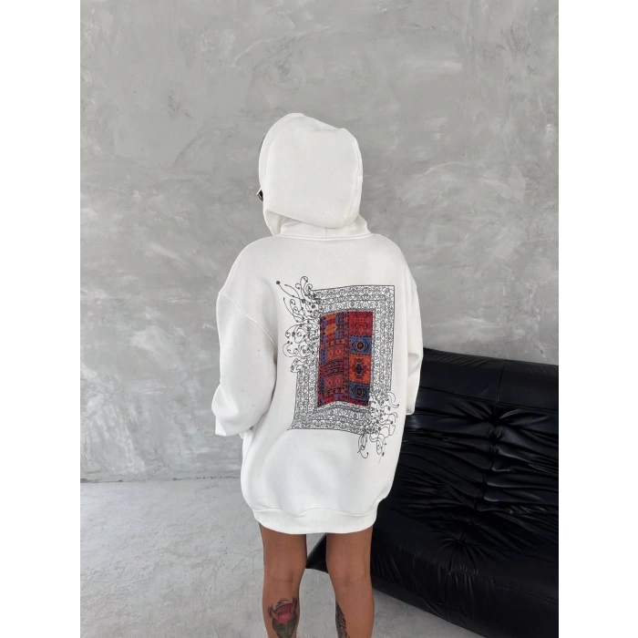Uzun Kol Kapüşonlu Ön Ve Arka Baskılı SweatShirt - Beyaz -