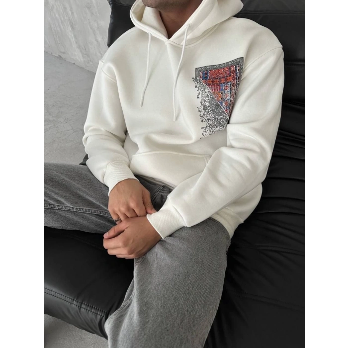Uzun Kol Kapüşonlu Ön Ve Arka Baskılı SweatShirt - Beyaz -