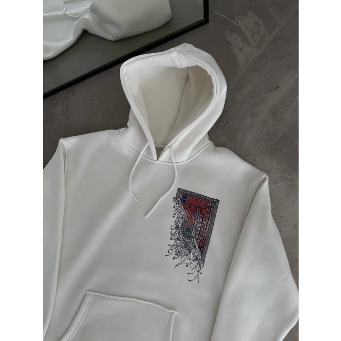 Uzun Kol Kapüşonlu Ön Ve Arka Baskılı SweatShirt - Beyaz -