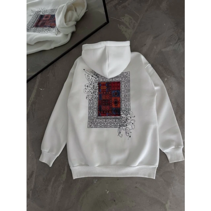 Uzun Kol Kapüşonlu Ön Ve Arka Baskılı SweatShirt - Beyaz -