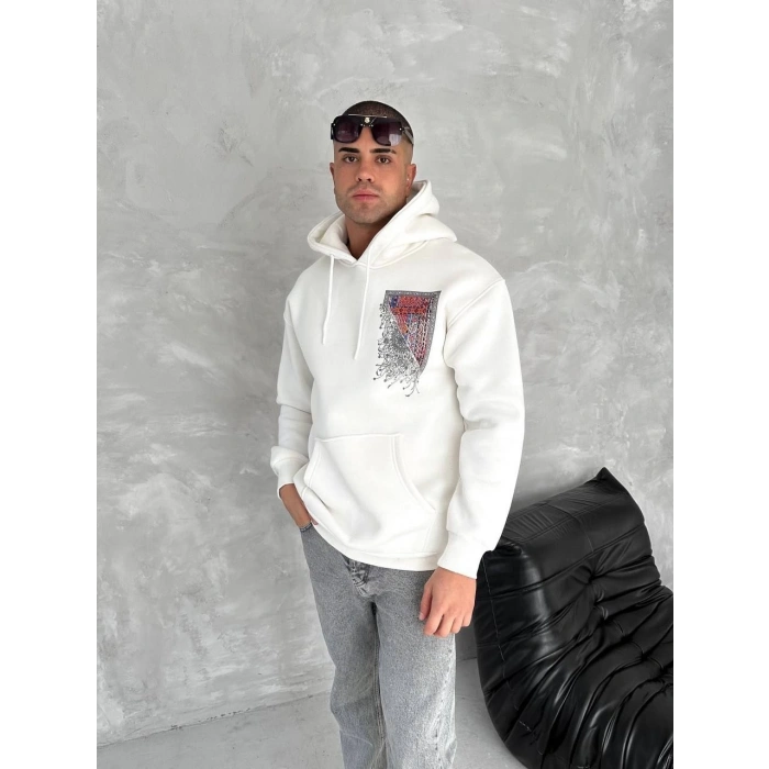 Uzun Kol Kapüşonlu Ön Ve Arka Baskılı SweatShirt - Beyaz -