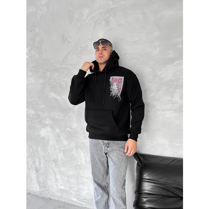 Uzun Kol Kapüşonlu Ön Ve Arka Baskılı SweatShirt - Siyah -