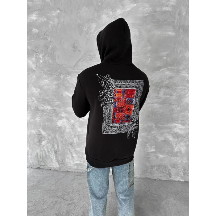 Uzun Kol Kapüşonlu Ön Ve Arka Baskılı SweatShirt - Siyah -