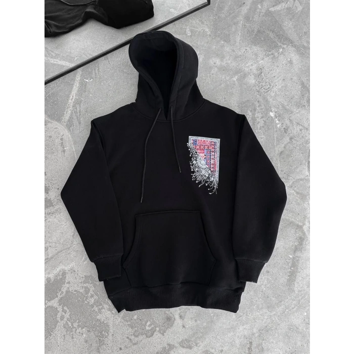 Uzun Kol Kapüşonlu Ön Ve Arka Baskılı SweatShirt - Siyah -