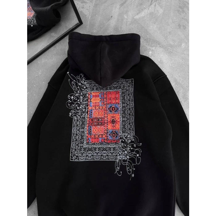Uzun Kol Kapüşonlu Ön Ve Arka Baskılı SweatShirt - Siyah -