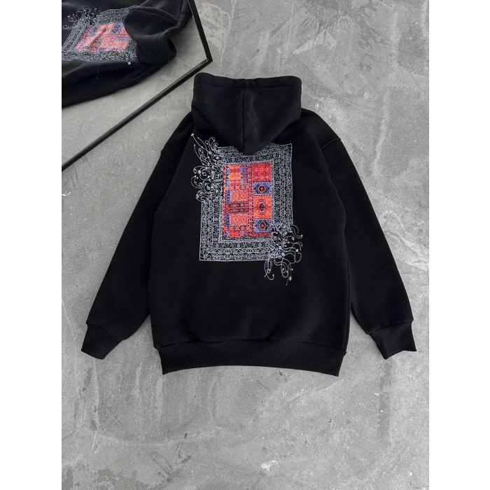 Uzun Kol Kapüşonlu Ön Ve Arka Baskılı SweatShirt - Siyah -