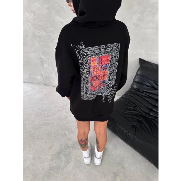 Uzun Kol Kapüşonlu Ön Ve Arka Baskılı SweatShirt - Siyah -