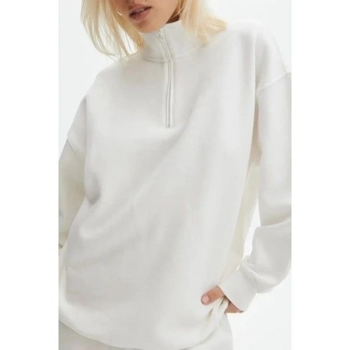 Uzun Kol Yarım Farmuarlı Yakalı Basic SweatShirt - Beyaz