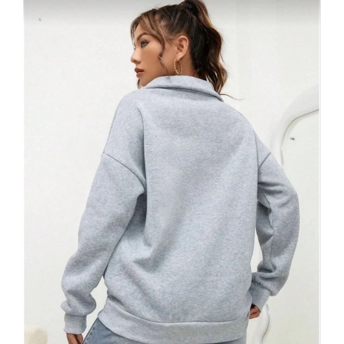 Uzun Kol Yarım Farmuarlı Yakalı Basic SweatShirt - Gri -