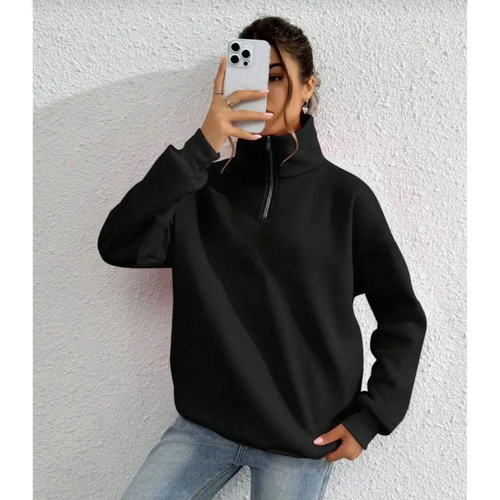 Uzun Kol Yarım Farmuarlı Yakalı Basic SweatShirt - Siyah -