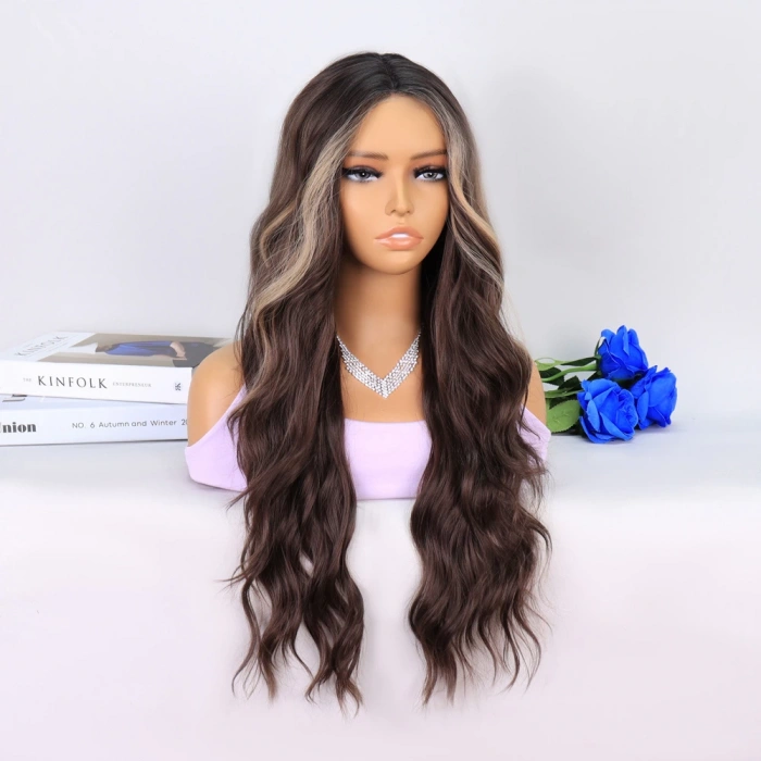 Uzun Kumral Balköpüğü Işıltılı Su Dalgalı Tül Peruk