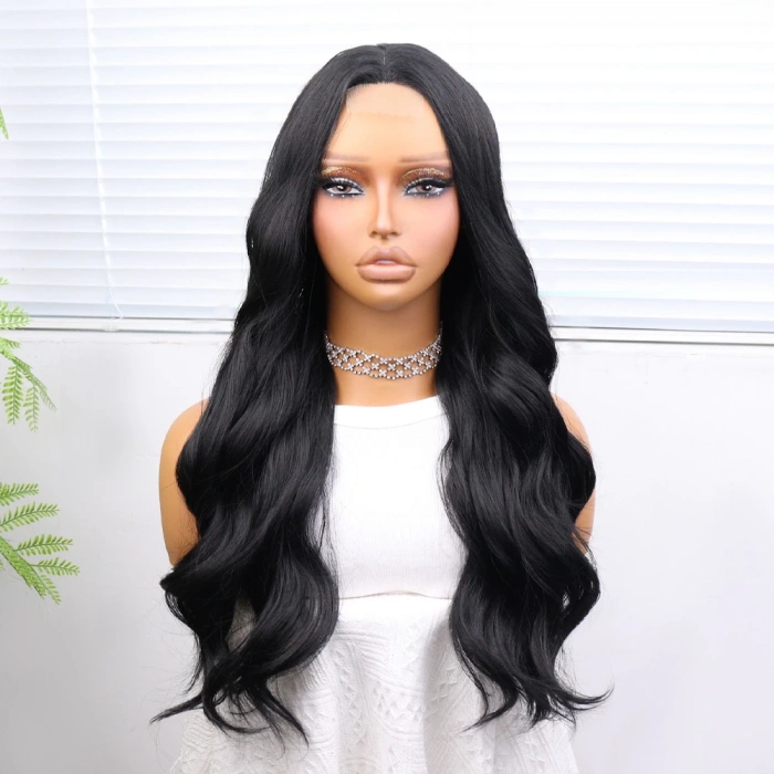 Uzun Siyah Su Dalgalı Fiber Sentetik Tül Peruk