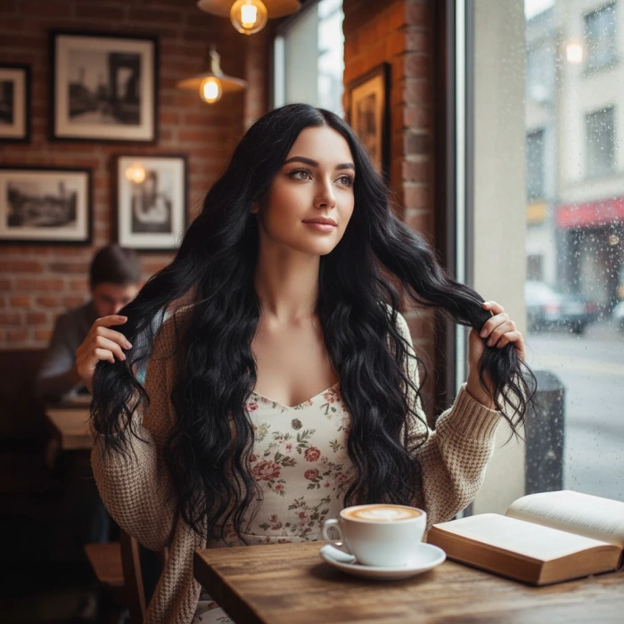 Uzun Su Dalgası Fiber Sentetik Peruk - Koyu Kahve