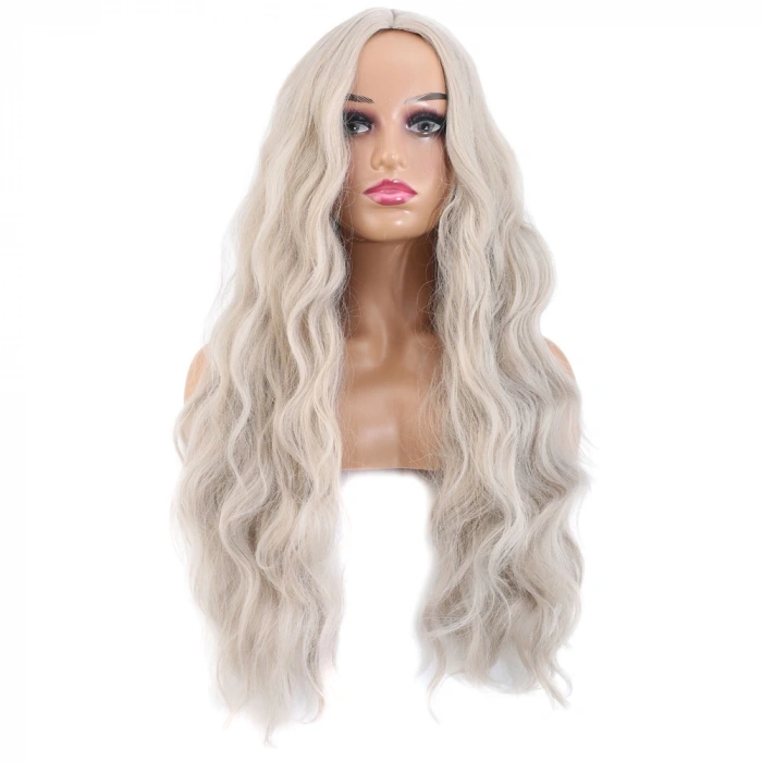 Uzun Su Dalgası Fiber Sentetik Peruk - Küllü Beyaz