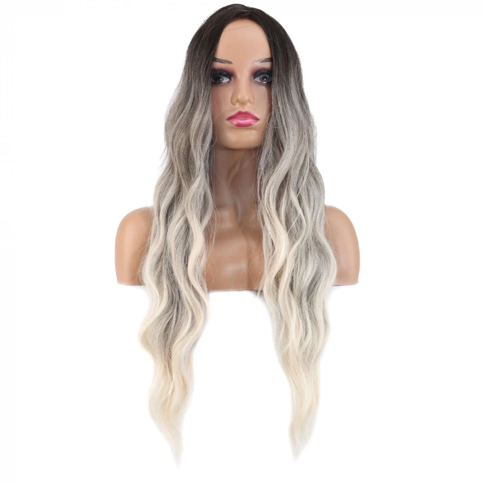 Uzun Su Dalgası Fiber Sentetik Peruk - Küllü Kumral / Beyaz Platin Ombre