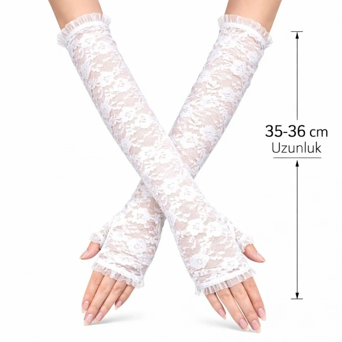 Uzun Zarif Dantel Eldiven Parmaksız Beyaz 35 cm