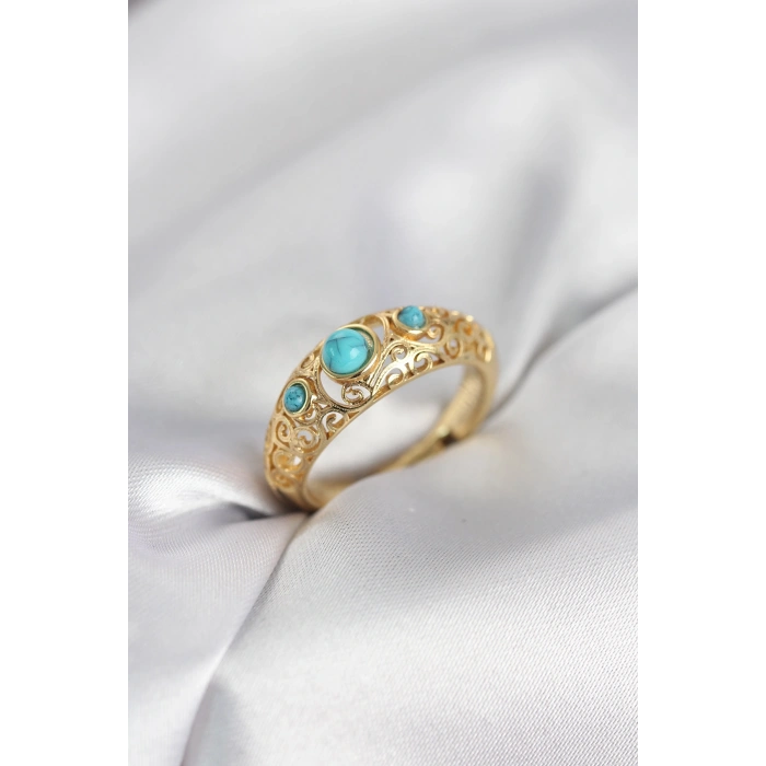 Vintage Model Mavi Taşlı Gold Renk Kadın Yüzük - TJ-BYK4149