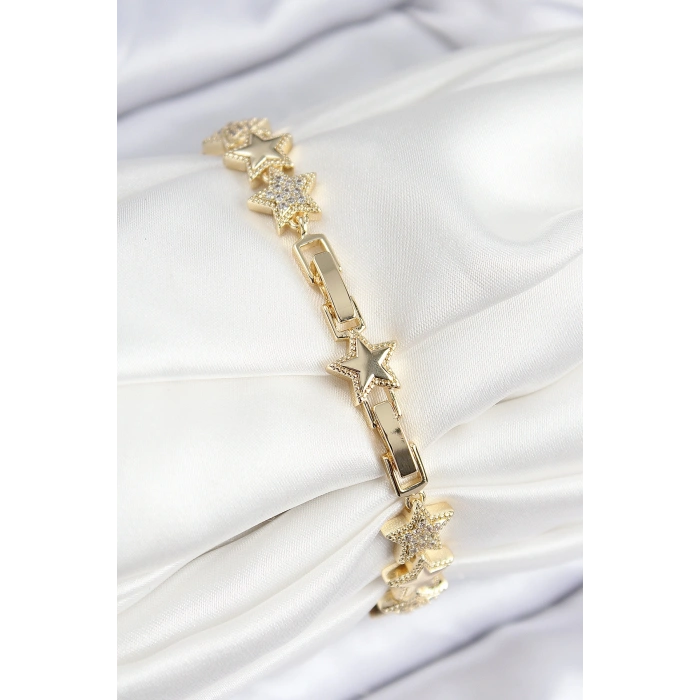 VIP Pirinç Zirkon Taşlı Yıldız Model Gold Renk Kadın Bileklik - TJ-BB7768