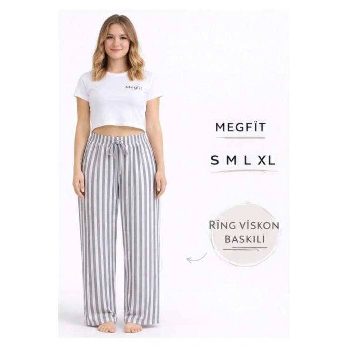 Viskon Pamuklu Kadın Açık Gri Çizgili Pijama Pantolon - MG006 - Mudanis