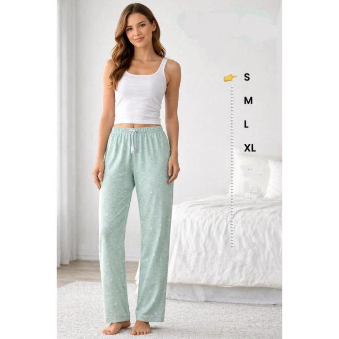 Viskon Pamuklu Kadın Açık Gri Desenli Pijama Pantolon - MG008 - Mudanis