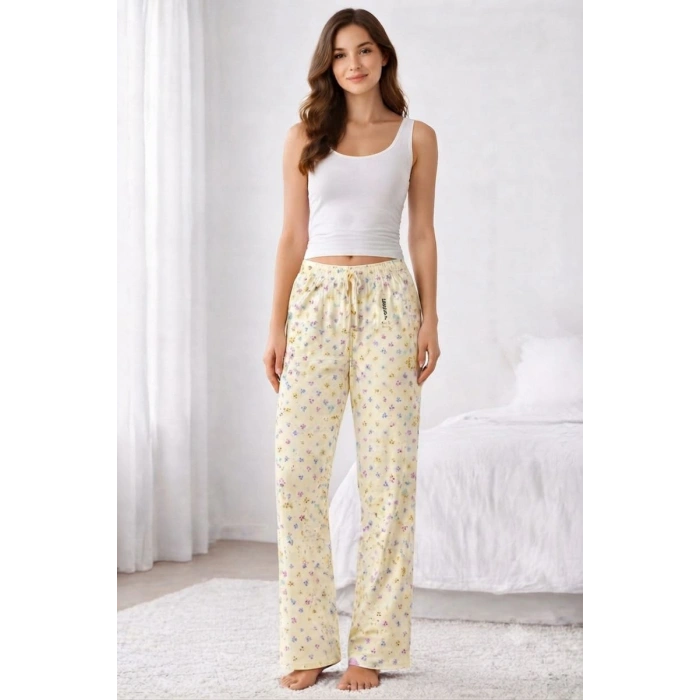 Viskon Pamuklu Kadın Açık Sarı Desenli Pijama Pantolon - MG010 - Mudanis