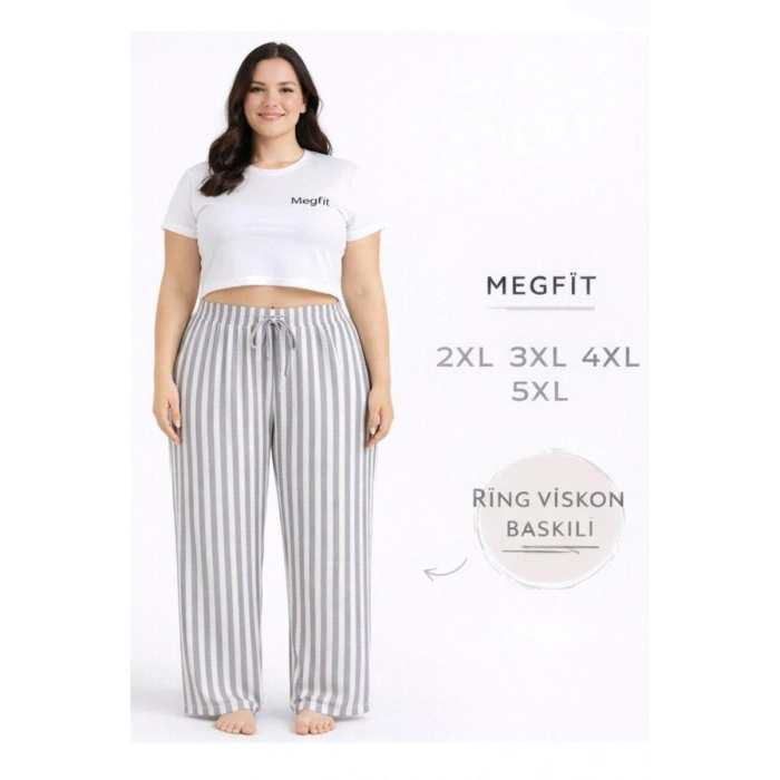 Viskon Pamuklu Kadın Büyük Beden Açık Gri Çizgili Pijama Pantolon - MGB006 - Mudanis