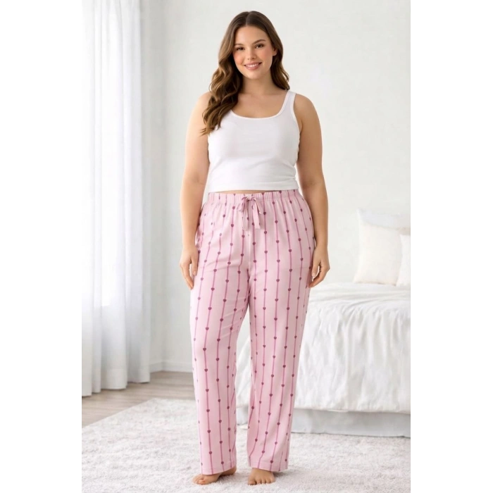 Viskon Pamuklu Kadın Büyük Beden Açık Pembe Desenli Pijama Pantolon - MGB007 - Mudanis