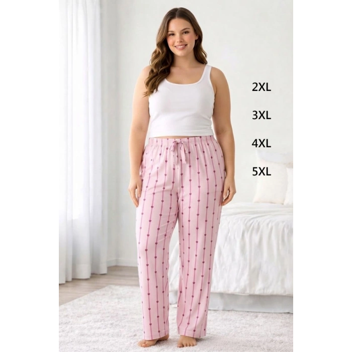 Viskon Pamuklu Kadın Büyük Beden Açık Pembe Desenli Pijama Pantolon - MGB007 - Mudanis