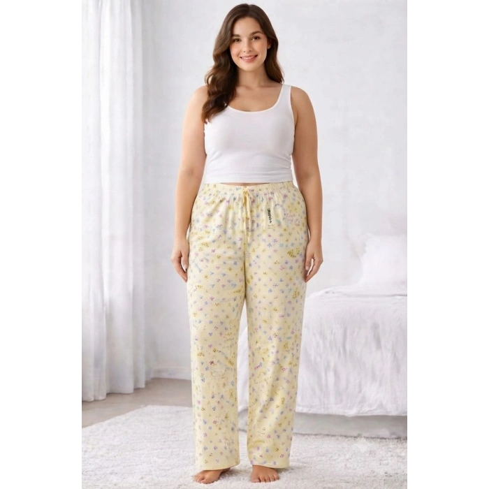 Viskon Pamuklu Kadın Büyük Beden Açık Sarı Desenli Pijama Pantolon - MGB010 - Mudanis
