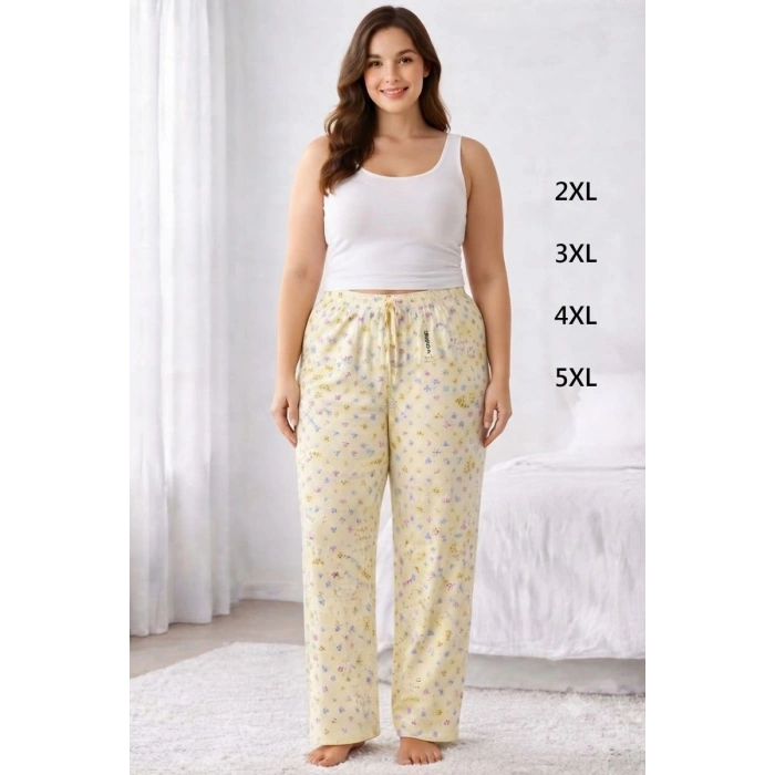 Viskon Pamuklu Kadın Büyük Beden Açık Sarı Desenli Pijama Pantolon - MGB010 - Mudanis