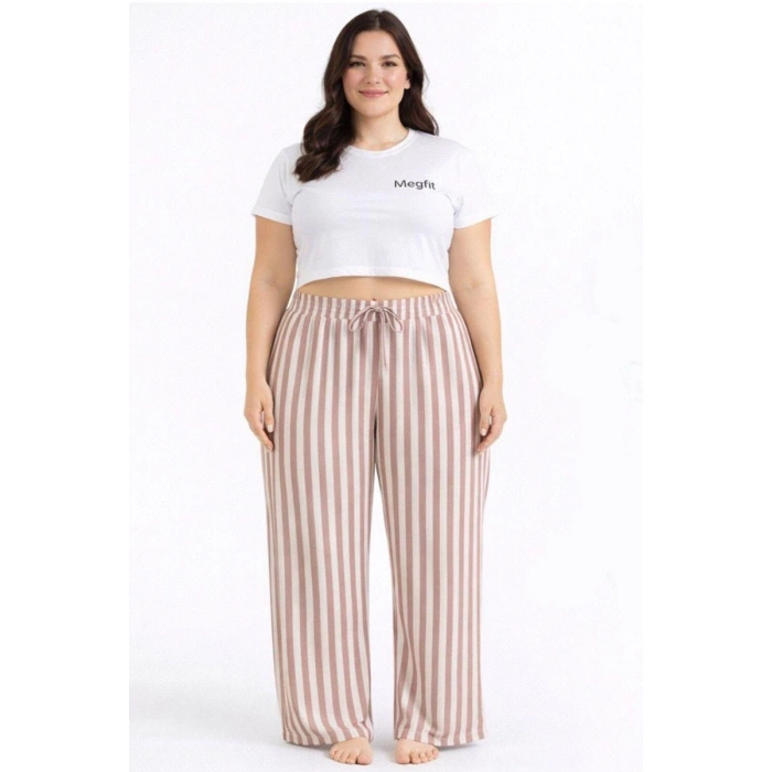 Viskon Pamuklu Kadın Büyük Beden Gül Kurusu Çizgili Pijama Pantolon - MGB003 - Mudanis