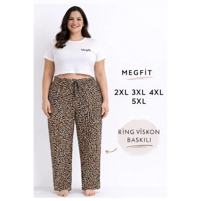 Viskon Pamuklu Kadın Büyük Beden Leopar Desenli Pijama Pantolon - MGB005 - Mudanis