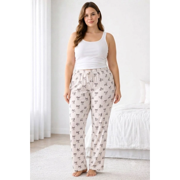 Viskon Pamuklu Kadın Büyük Beden Pudra Desenli Pijama Pantolon - MGB009 - Mudanis