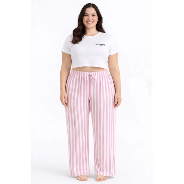 Viskon Pamuklu Kadın Büyük Beden Pudra Pembe Çizgili Pijama Pantolon - MGB004 - Mudanis