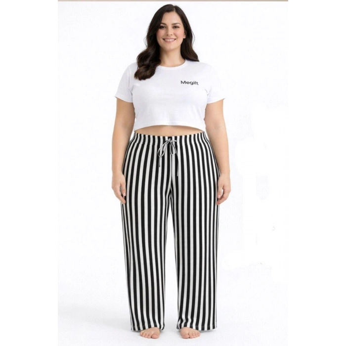 Viskon Pamuklu Kadın Büyük Beden Siyah Çizgili Pijama Pantolon - MGB001 - Mudanis