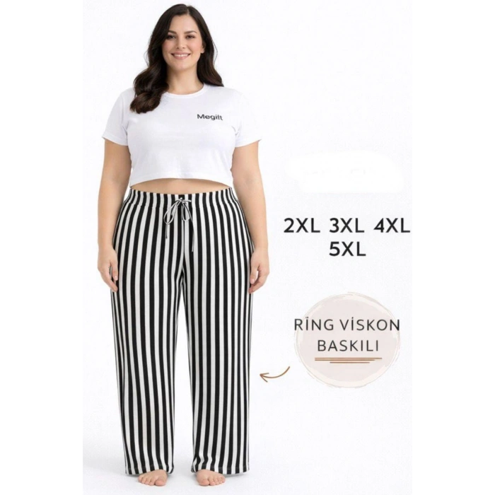 Viskon Pamuklu Kadın Büyük Beden Siyah Çizgili Pijama Pantolon - MGB001 - Mudanis