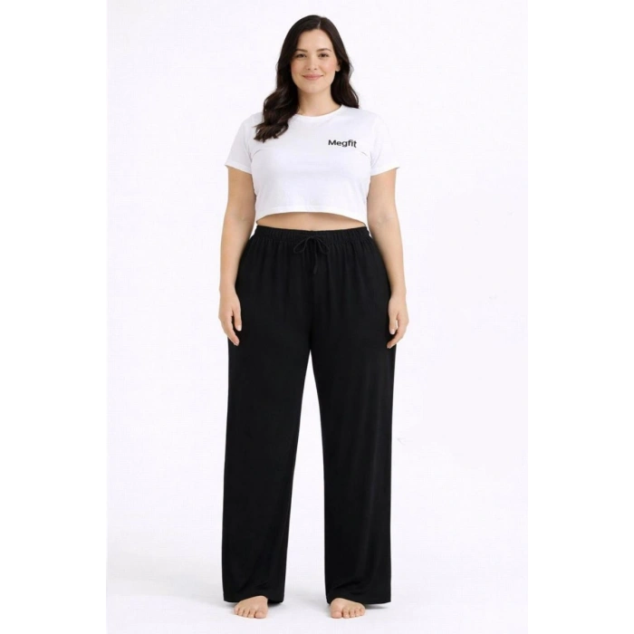 Viskon Pamuklu Kadın Büyük Beden Siyah Pijama Pantolon - MGB002 - Mudanis