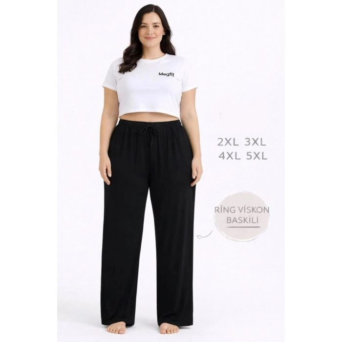 Viskon Pamuklu Kadın Büyük Beden Siyah Pijama Pantolon - MGB002 - Mudanis