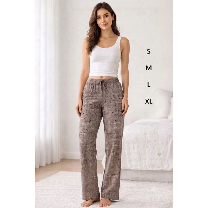 Viskon Pamuklu Kadın Gri Desenli Pijama Pantolon - MG011 - Mudanis