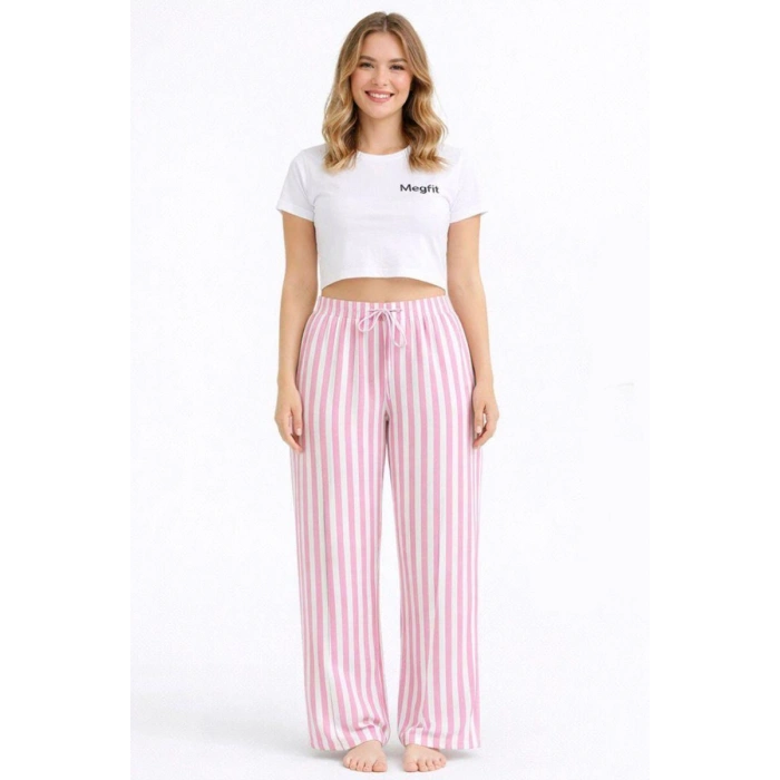Viskon Pamuklu Kadın Pudra Pembe Çizgili Pijama Pantolon - MG004 - Mudanis
