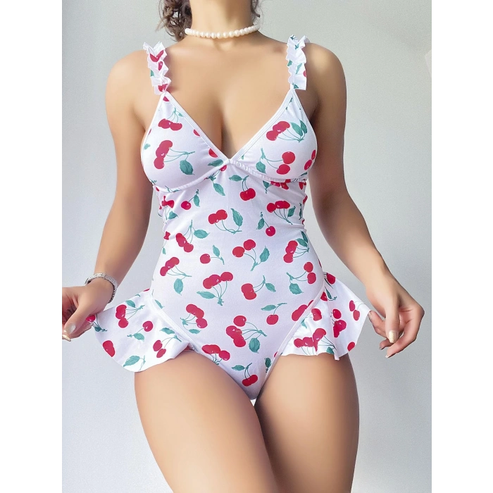 Vişne Desenli Fantezi Body